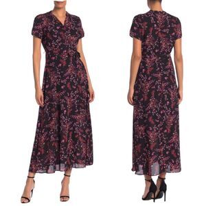 Nanette Lepore Women 4 Dragonfruit Dress Black Print Maxi Floral Waist Tie NEW